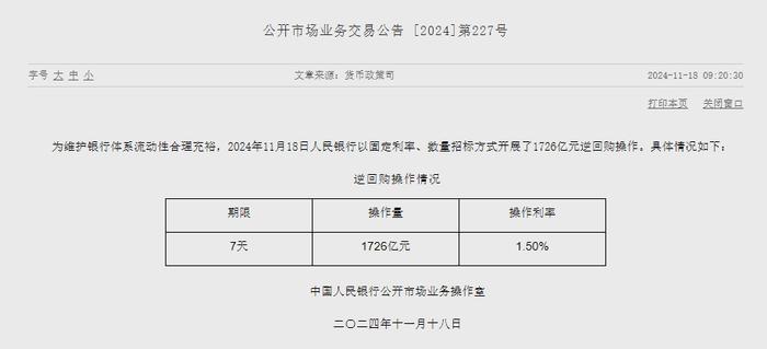 央行开展1726亿逆回购操作